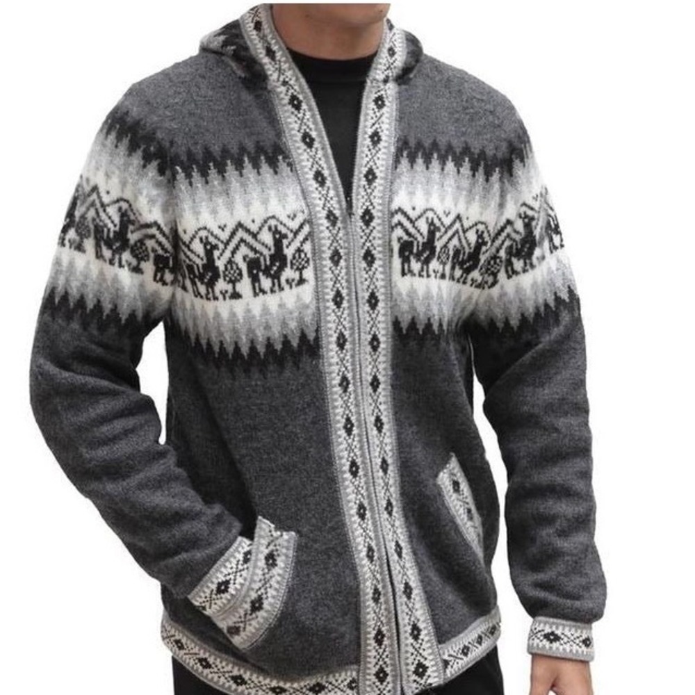 Alpaca Warehouse Long Sleeve Fuzzy Fair Isle Grey Hoodie Sweater Mens Size XL